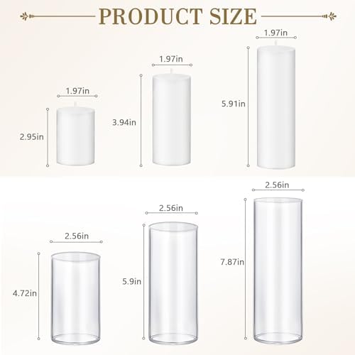 6pcs White Pillar Candles with Clear Glass Holders for Centerpieces and Events