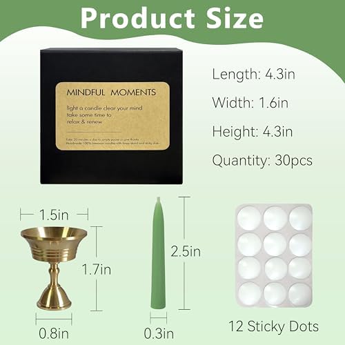 20 Min Sage Green Meditation Candles - 30 Pack with Holder and Wax Dots