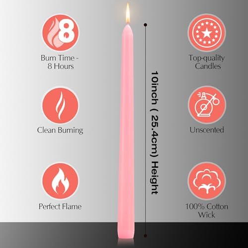 12 Pack Pink Taper Candles - 10 Inch Dripless Smokeless Unscented