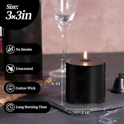 KONNI 3 Pack Black Pillar Candles 30 Hour Burn