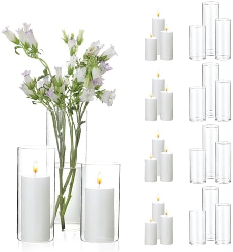 UDU 12 Pillar Candles and 12 Glass Hurricane Holders Set
