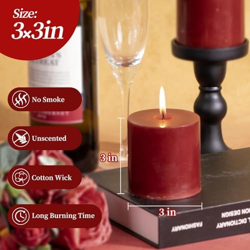 KONNI Dark Red Pillar Candles Set of 3 30 Hour Burn