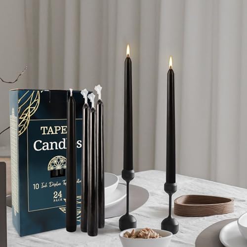 24 Pack Tall Taper Candles 10 Inch Black Dripless Unscented