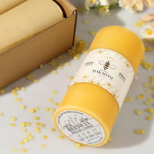 Natural Beeswax Pillar Candles - 95 Hours Long Burn Dripless Smokeless Unscented Organic