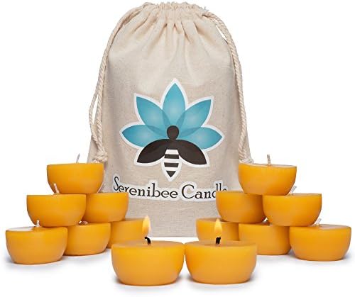 Serenibee Beeswax Tea Light Candles with Reusable Holder and Cotton Bag Set