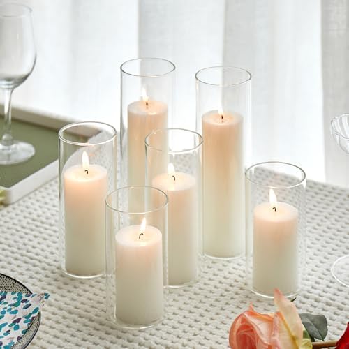 Set of 6 White Pillar Candles with Clear Glass Holders