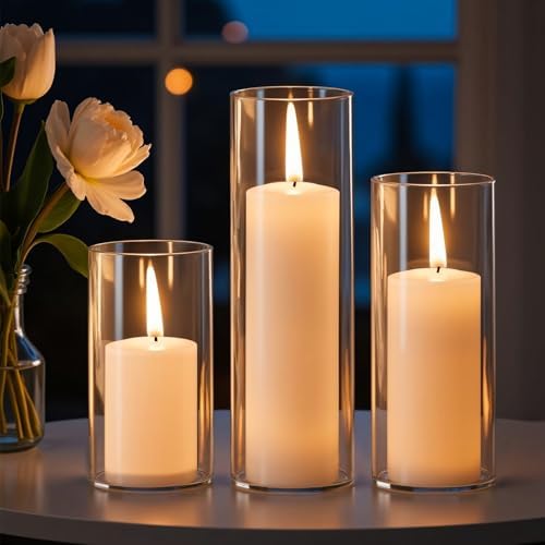 6pcs White Pillar Candles with Clear Glass Holders for Centerpieces and Events