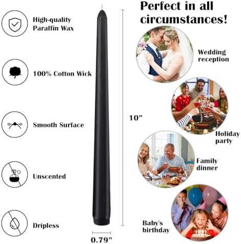 12 Piece Set of Black Cone Candles - 10 Inch Smoke-Free Burners