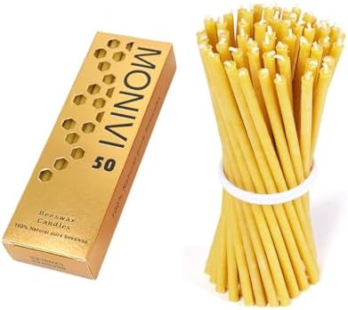 50Pcs Natural Beeswax Taper Candles 63 Inch Smokeless Decorative