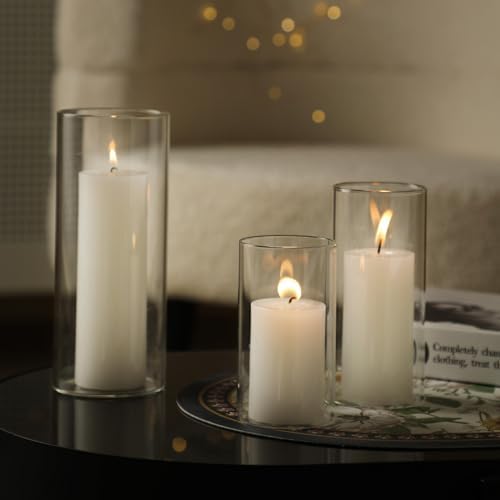 UDU 12 Pillar Candles and 12 Glass Hurricane Holders Set