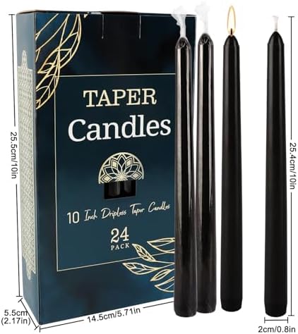 24 Pack Tall Taper Candles 10 Inch Black Dripless Unscented