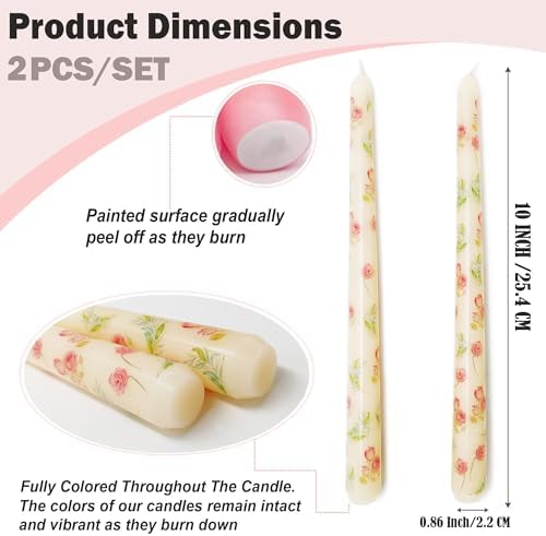 2 Pack Ivory Taper Candles with Flowers Print 10 Inch