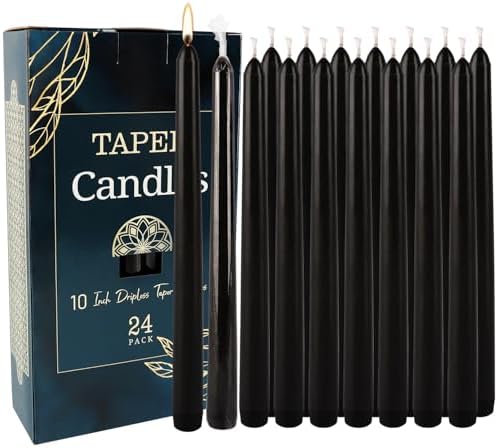 24 Pack Tall Taper Candles 10 Inch Black Dripless Unscented