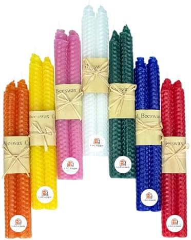 Lacaser Natural Beeswax Taper Candles 14pcs Rainbow Set