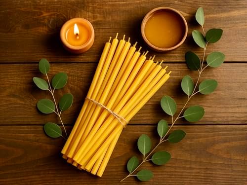 Votprof 50 All Natural Beeswax Taper Candles - Tall Unscented Dripless Smokeless Slow Burning