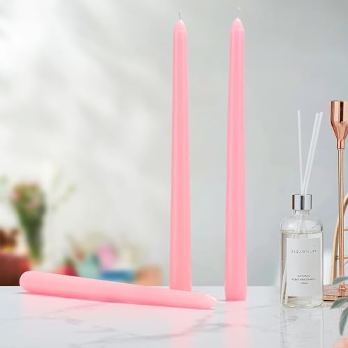 12 Pack Pink Taper Candles - 10 Inch Dripless Smokeless Unscented