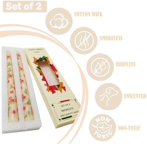 2 Pack Ivory Taper Candles with Flowers Print 10 Inch