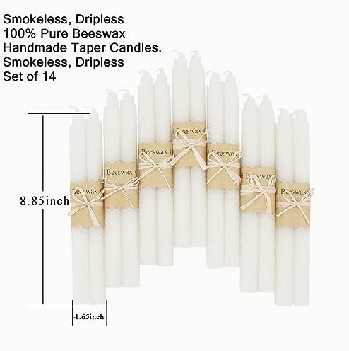 Set of 14 Beeswax Taper Candles 9 Inch Smokeless Dripless Unscented
