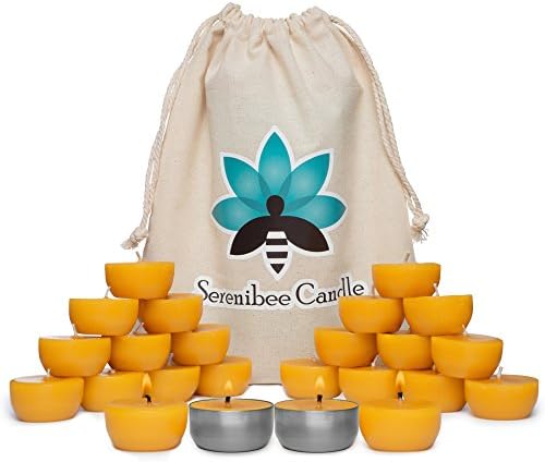 Serenibee Beeswax Tea Light Candles with Reusable Steel Holders and Cotton Bag