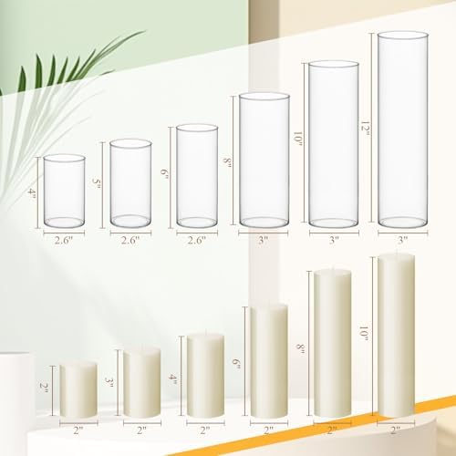 Shihanee Ivory Pillar Candles with 6 Glass Vases Set