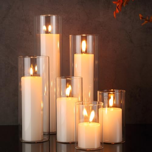 Shihanee Ivory Pillar Candles with 6 Glass Vases Set