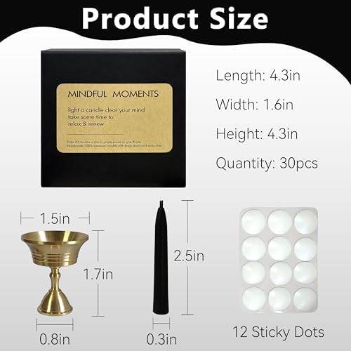 20 Min Black Meditation Candles 30 Pack with Holder and Wax Dots