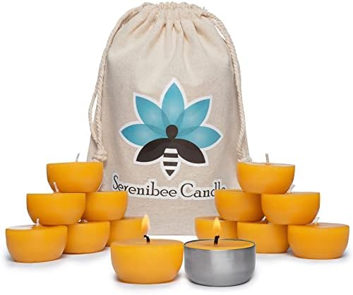 Serenibee Tea Light Candles with Reusable Steel Holder and Cotton Bag