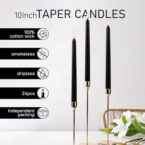 24 Pack Tall Taper Candles 10 Inch Black Dripless Unscented