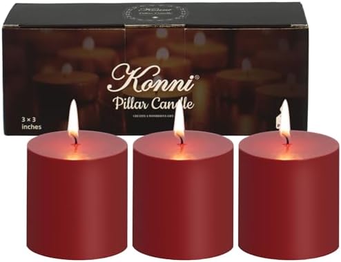 KONNI Dark Red Pillar Candles Set of 3 30 Hour Burn
