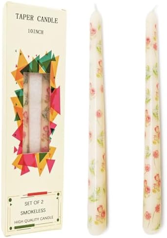 2 Pack Ivory Taper Candles with Flowers Print 10 Inch