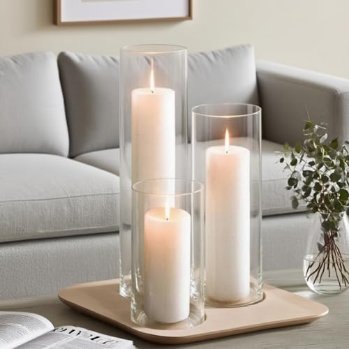 3 Pcs White Pillar Candles and 3 Pcs Glass Cylinder Vases Set
