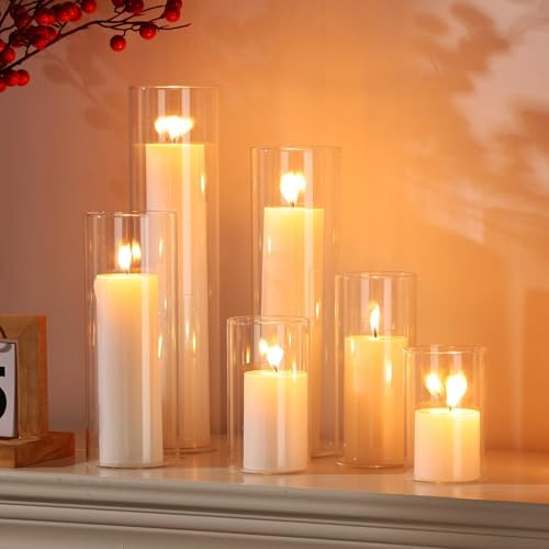 Shihanee Ivory Pillar Candles with 6 Glass Vases Set