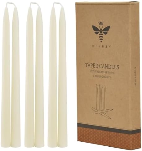 12 Inch Natural White Beeswax Taper Candles Set of 6