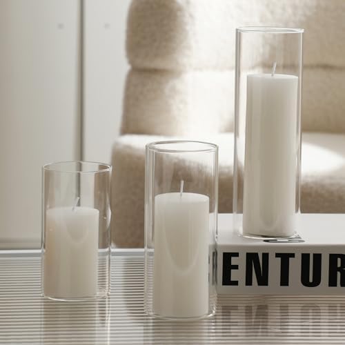 UDU 12 Pillar Candles and 12 Glass Hurricane Holders Set