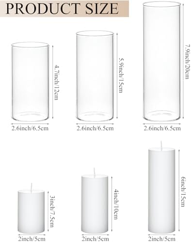 Set of 6 White Pillar Candles with Clear Glass Holders