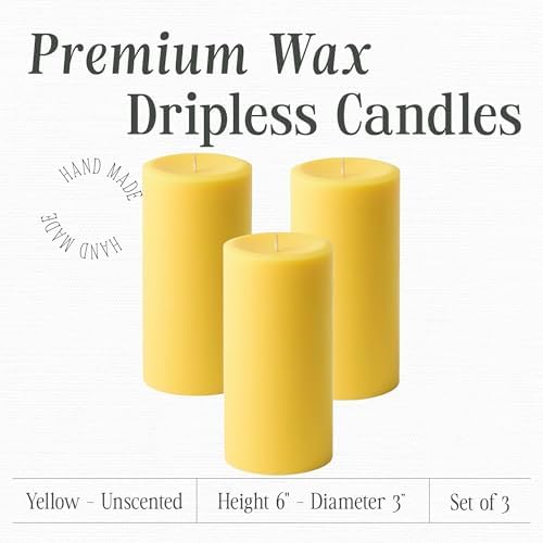 3 x 6 Yellow Pillar Candles Set of 3 Unscented
