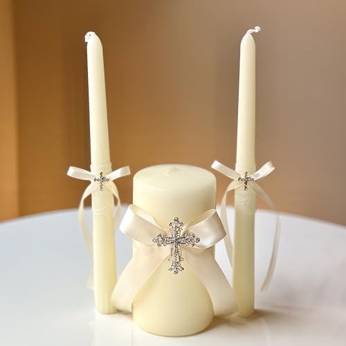 Wedding Unity Candle Set Ivory with Silver Cross