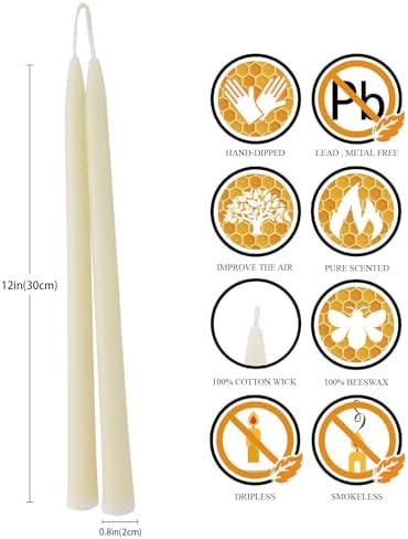 12 Inch Natural White Beeswax Taper Candles Set of 6