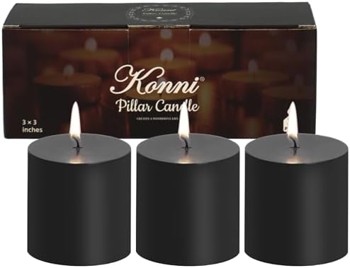 KONNI 3 Pack Black Pillar Candles 30 Hour Burn