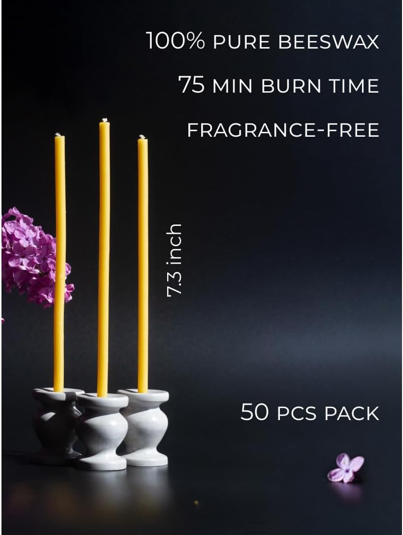 CANDWAX 50 Pack Yellow Taper Candles 7 Inch