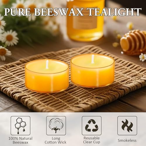 60 Pack Beeswax Tealight Candles 4-Hour Clean Burn Smokeless Eco-Friendly