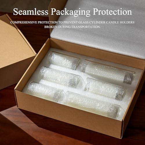 Set of 6 White Pillar Candles with Clear Glass Holders