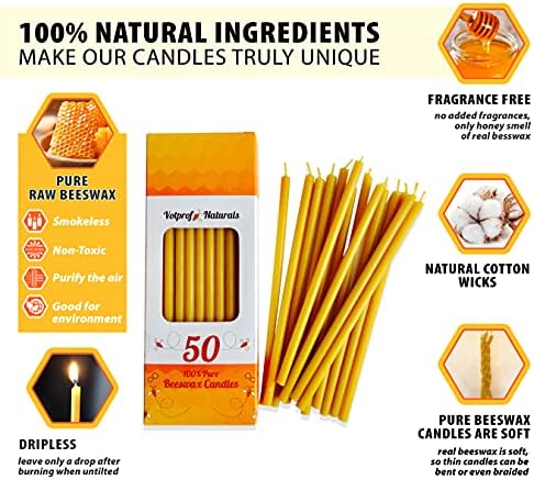 Votprof 50 All Natural Beeswax Taper Candles - Tall Unscented Dripless Smokeless Slow Burning