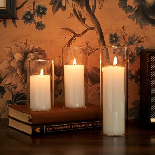 Set of 6 White Pillar Candles with Clear Glass Holders