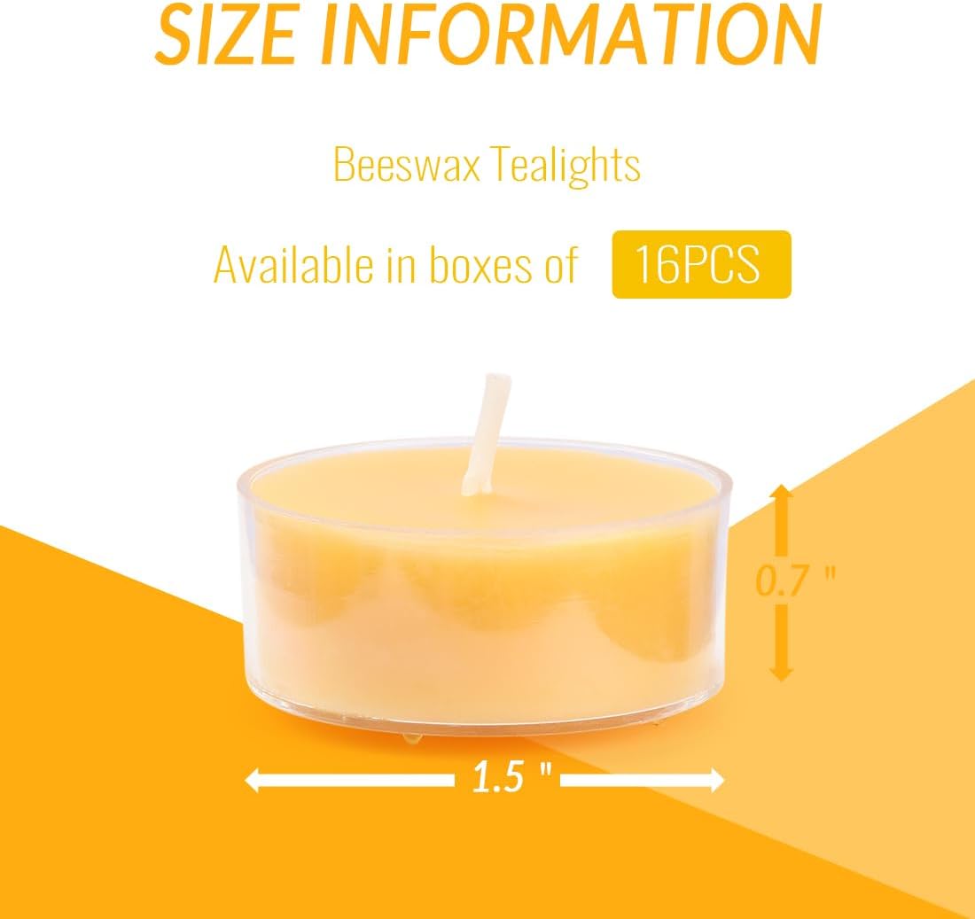 16 Pack Natural Beeswax Tea Light Candles with Extended Burn Time
