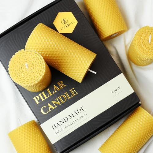 TELOSMA Drippless Beeswax Pillar Candles Set of 6 Yellow