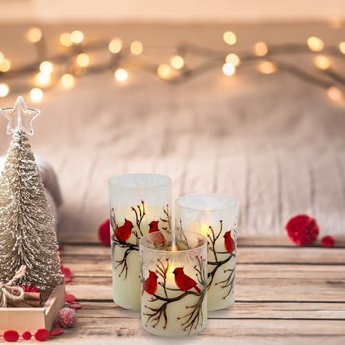 LumaBase LED Red Cardinal Hurricane Candles Set of 3