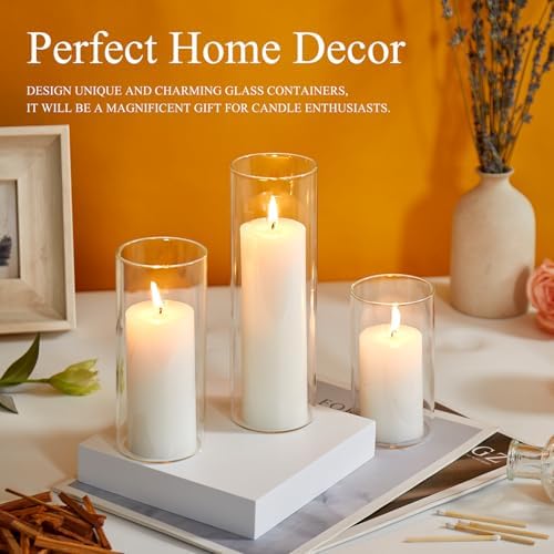 Set of 6 White Pillar Candles with Clear Glass Holders