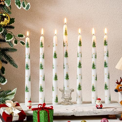 12 Pcs Dripless Taper Candles with Christmas Tree Patterns