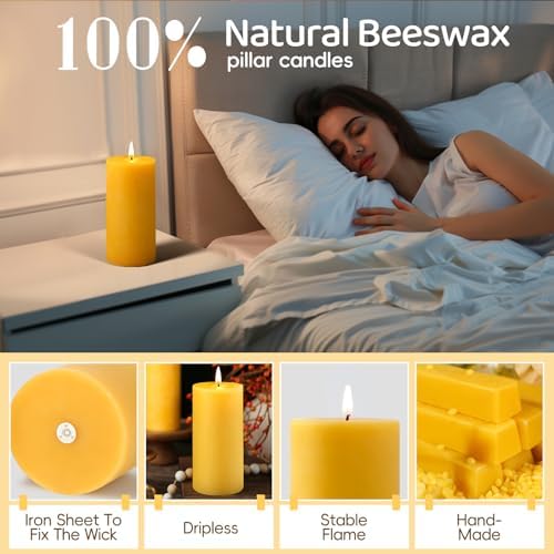 Natural Beeswax Pillar Candles - 95 Hours Long Burn Dripless Smokeless Unscented Organic